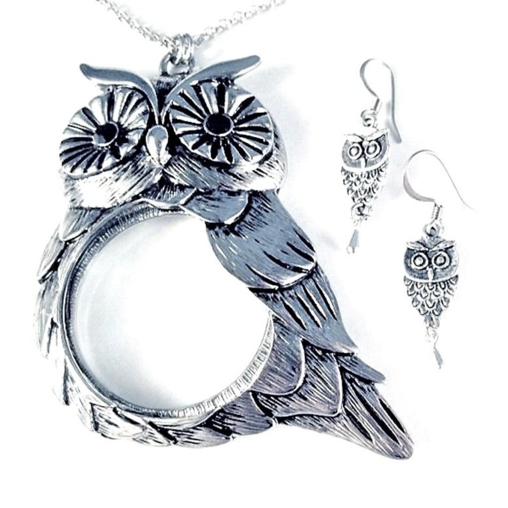 Owl Magnifying Glass Pendant Necklace Earrings Set Long Chain Reade Me Jewelry